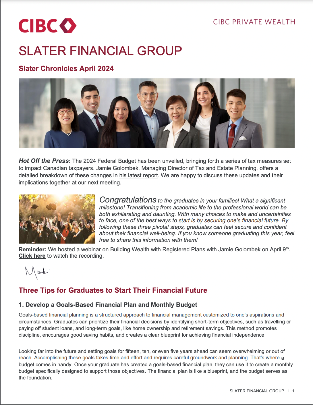 Screenshot of Slater Financial Group April newsletter