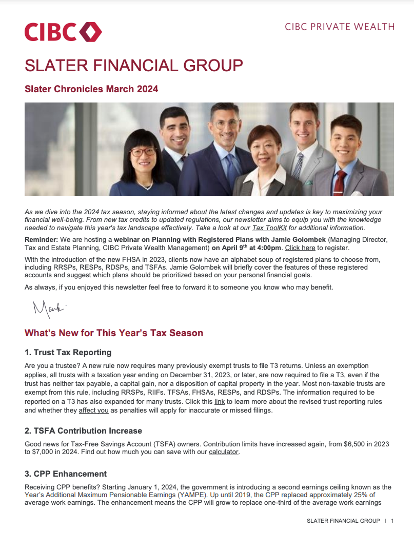 Screenshot of Slater Financial Group March newsletter